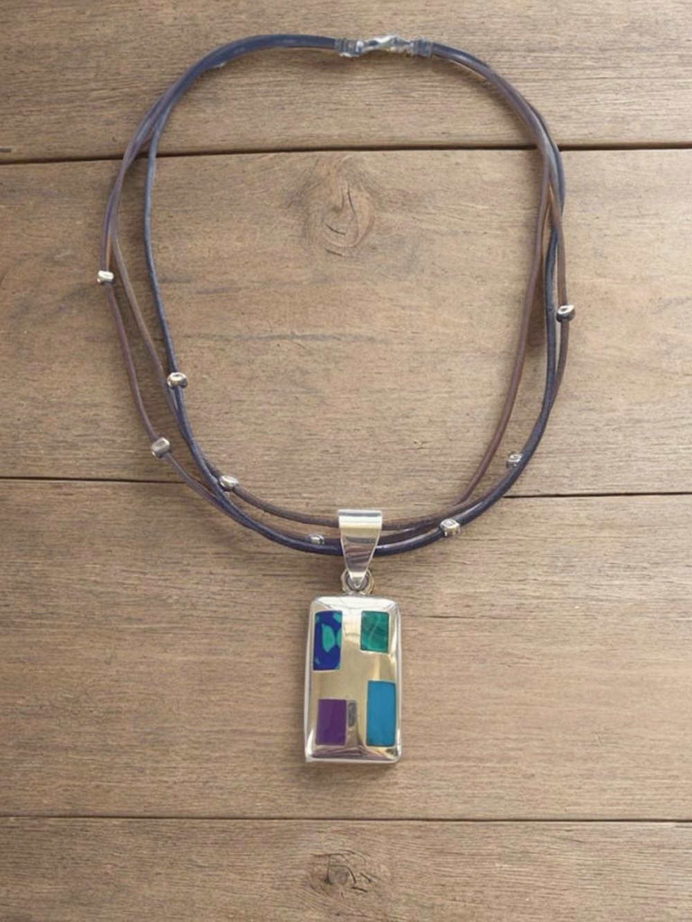 Silpada Silver Inlay Rectangular Pendant on Multiple brown Leather cord.
S0075